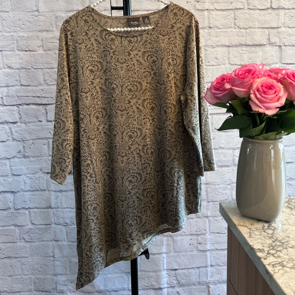 Chico's Travelers Brown/Metallic Gold Paisley Print Asymmetric Tunic